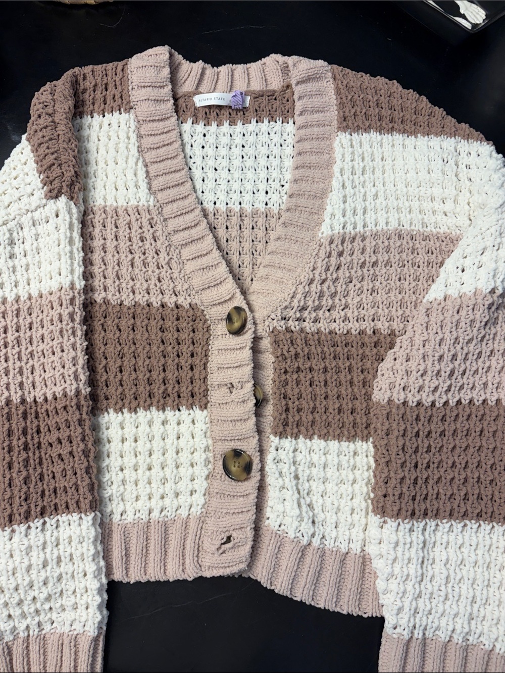 Altar'd State Blush, Cream & Brown Striped Knit Cardigan XL